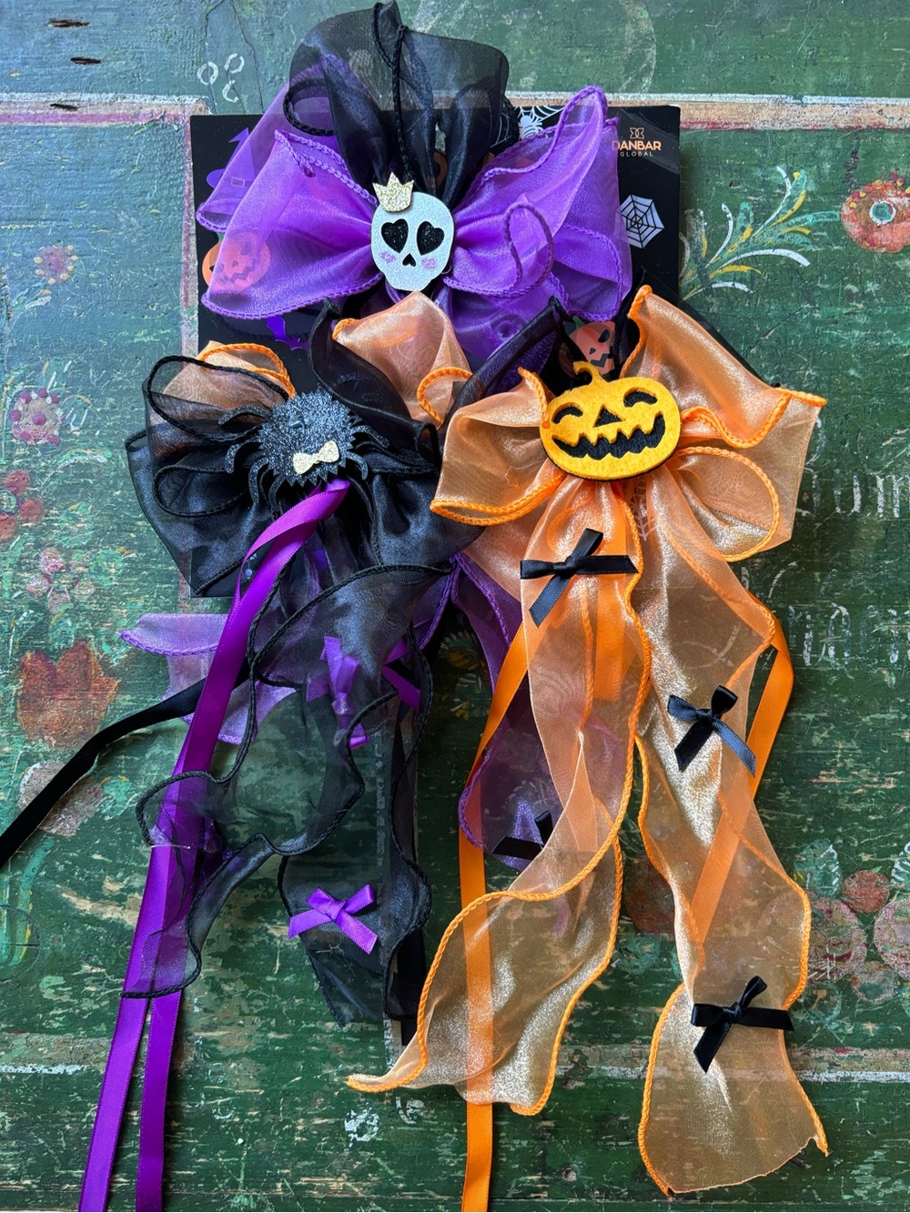 Halloween Ribbon Hair Bows, Pumpkin, Spider and Skull Set of 3 Clips, NWT